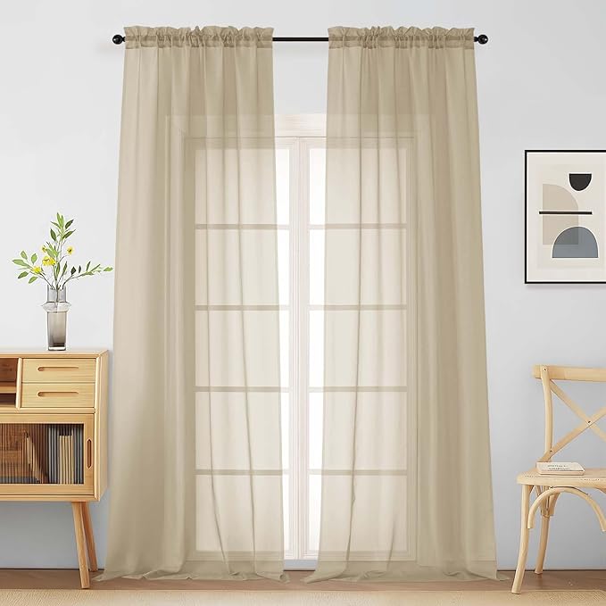 Taupe Sheer Curtains for Window 96 Inches Long 2 Panels Set, Soft Airy Light by Home