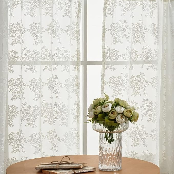 YJ YANJUN Vintage Lace Curtains 24 inch Length 2 Panels Retro Floral Rv Drapes - Image 2