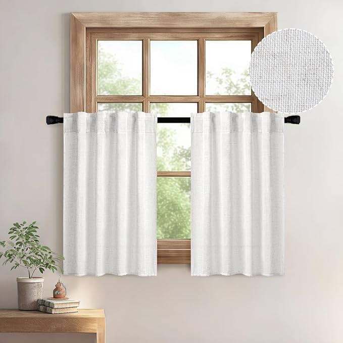 MIULEE White Curtains 24 Inch Length 2 Panels, Soft Thick Linen Textured Semi by MIULEE