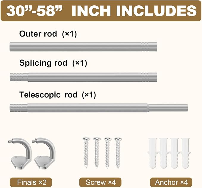 GXOACKJ Silver Curtain Rods for Windows 28 to 60 inch, 5/8 inch Adjustable Wrap - Image 5