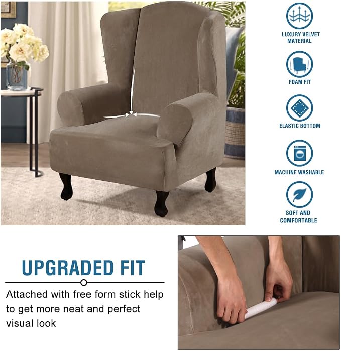 H.VERSAILTEX Wingback Chair Covers Velvet Plush Wing Chair Slipcover 1 Piece - Image 4