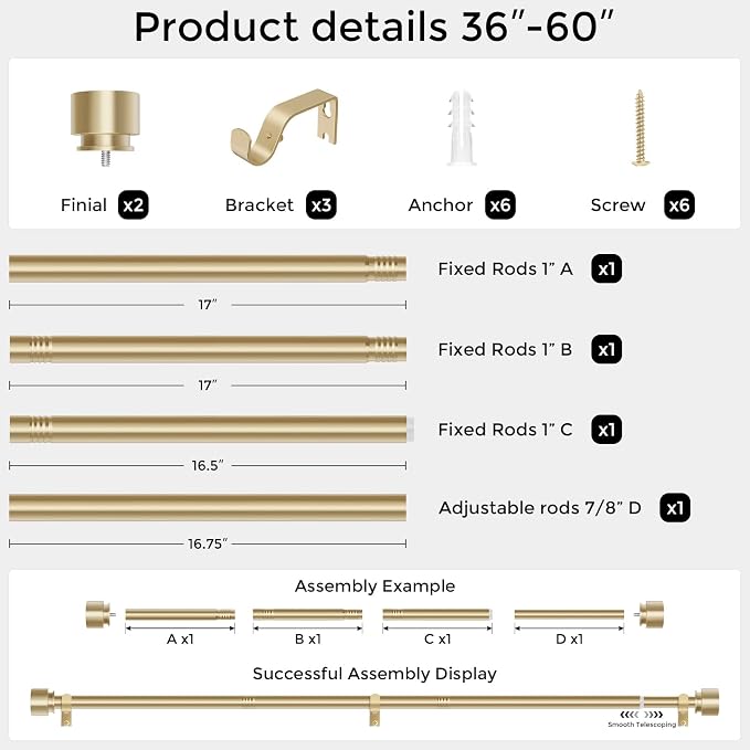 Modern Gold Curtain Rods for Windows 30 to 56 Inch, Decorative Drapery Rods for - Image 5