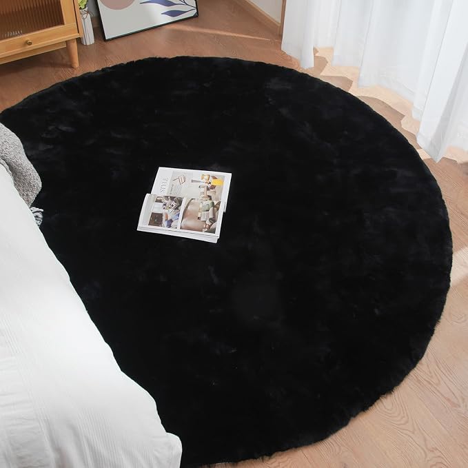 ORINOVA Black Round Rugs 8ft Machine Washable Rabbit Fur Area Rug Large Circle - Image 4
