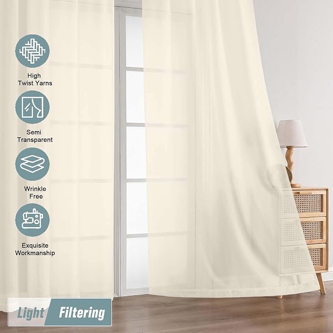 Cream Sheer Curtains 84 Inches Long 2 Panels, Elegant Airy Transparent Light - Image 5