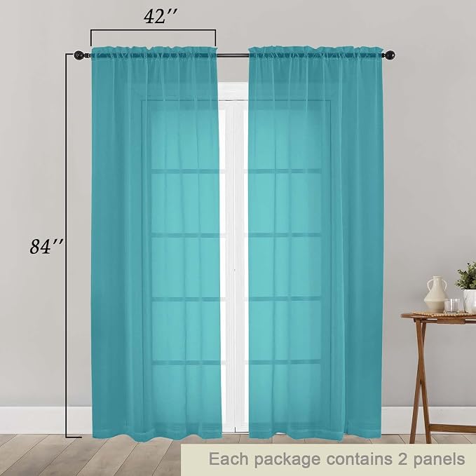 Turquoise Sheer Curtains 84 Inches Long 2 Panels, Soft Airy Light Filtering - Image 2