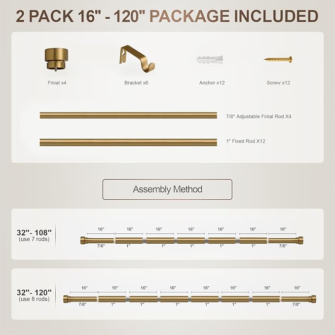 Lootkell 2 Pack Brass Gold Curtain Rods Set - Image 9