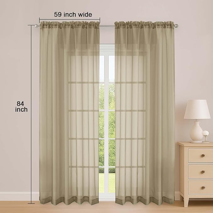 OWENIE Sheer Curtains 84 Inches Long 2 Panels Set, Sheer Taupe Curtains - Image 2