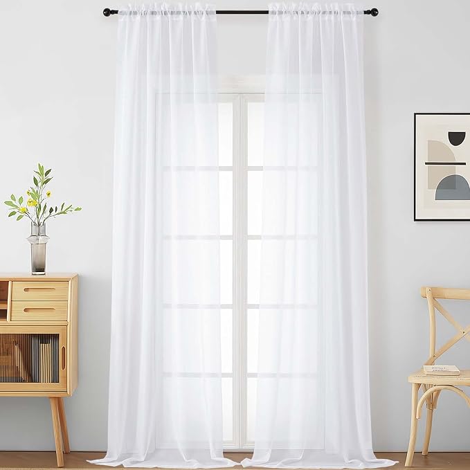 White Sheer Curtains for Windows 108 inches Long 2 Panels Set, Soft Lightweight by Home