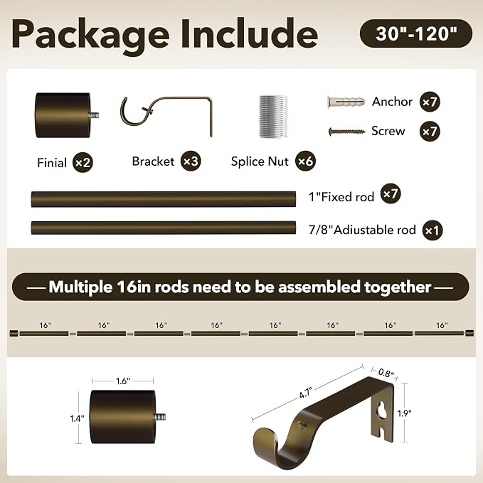 IFELS Heavy Duty Curtain Rods for Windows 66 to 120 Inch, 1 Inch Bronze Curtain - Image 7
