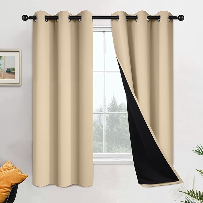 Yakamok Beige 100% Blackout Curtains, Thermal Insulated Total Blackout Drapes by Yakamok