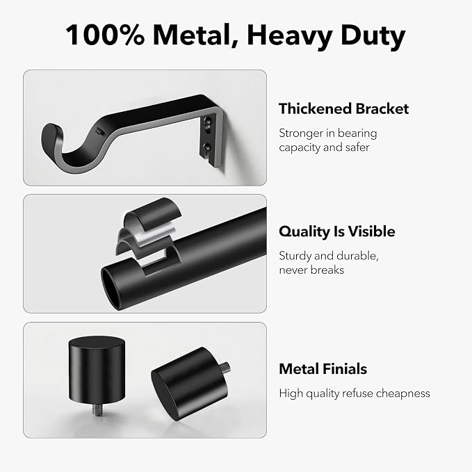 IFELS Heavy Duty Curtain Rods for Windows 48 to 84 Inch, 1 Inch Black Curtain - Image 4