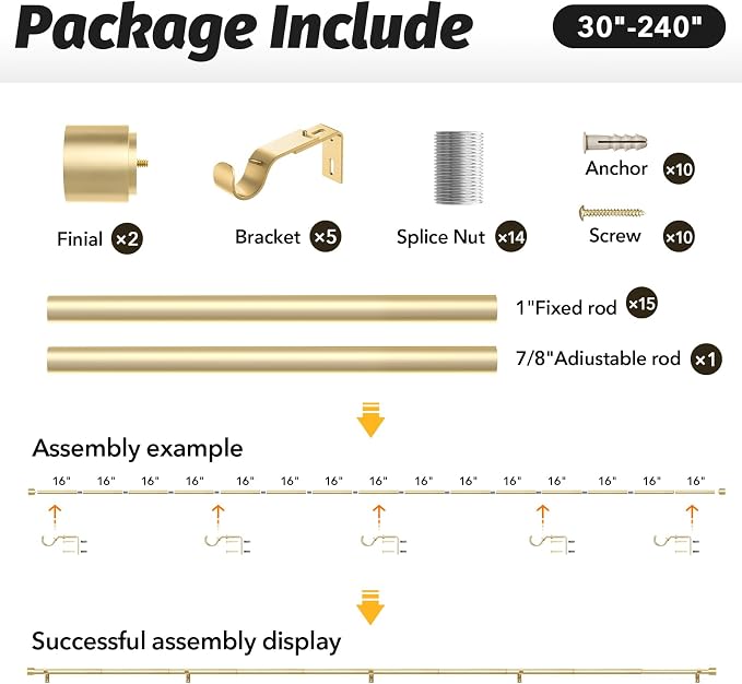 GEEBOBO Gold Curtain Rods for Windows 120 to 240 Inch, 1 Inch Extra Long Heavy - Image 6