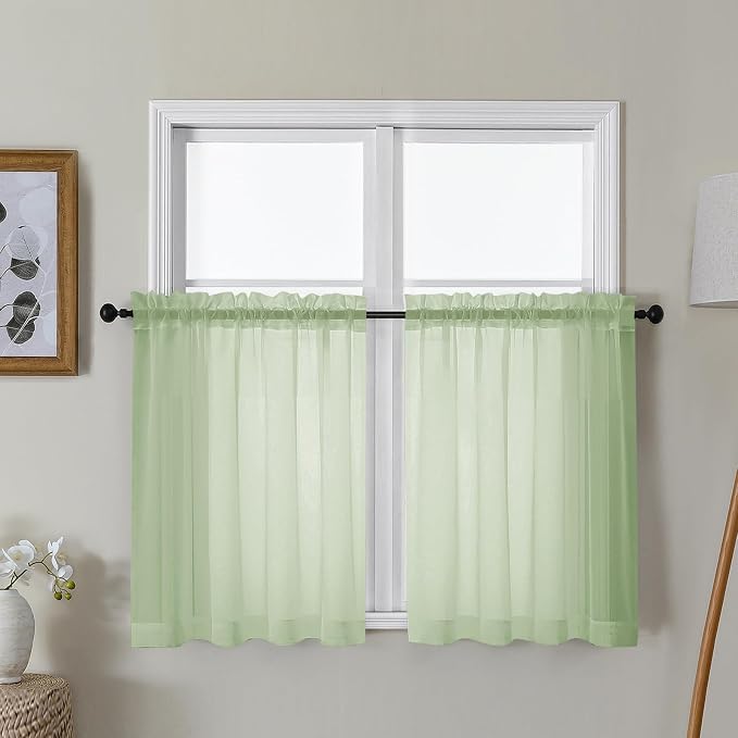 Gwine Light Green Sheer Curtains 30 Inch Length, Short Light Filtering Voile by Gwine