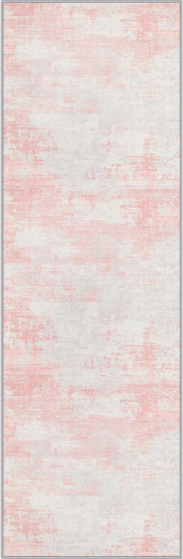 2.6x14 Washable Runner Rug:Modern Abstract Soft Carpet Pink White | by FXRHLP