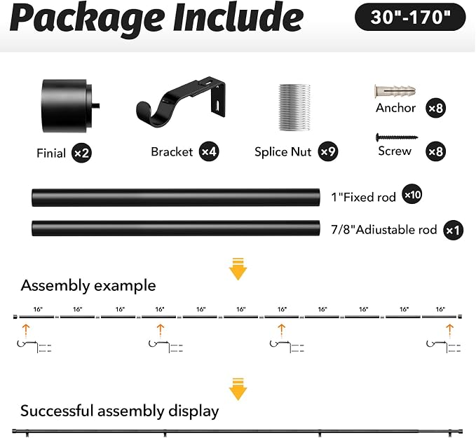 GEEBOBO Black Curtain Rods for Windows 120 to 170 Inch, 1 Inch Extra Long Heavy - Image 6