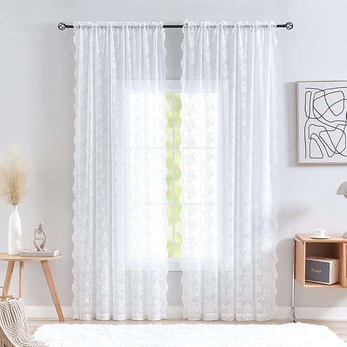 YJ YANJUN Vintage Lace Curtains 120 Inches Long-Victorian Floral Pattern White by YJYANJUN