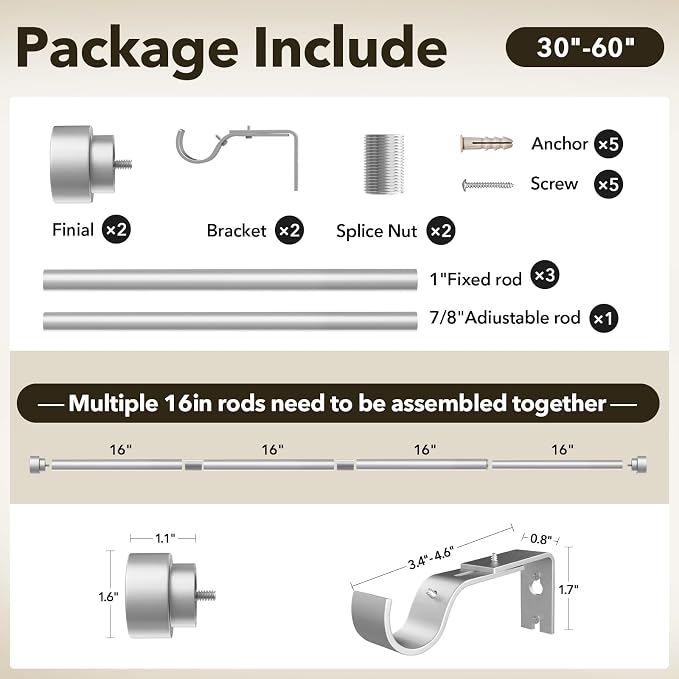 IFELS Heavy Duty Curtain Rods for Windows 28 to 48 Inch, 1 Inch Silver Window - Image 7