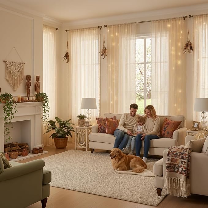 WAZZIO Boho Lace Curtains 108 Inch 2 Panel, Light Filtering Privacy Tassel & - Image 3