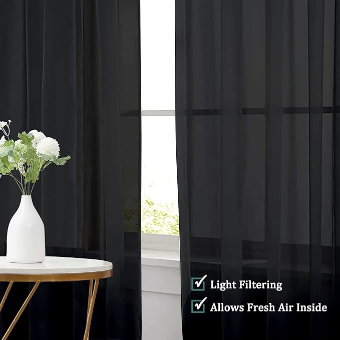 Chyhomenyc Black Sheer Curtains 96 inches Long Window Draperies 2 Panels - Image 4