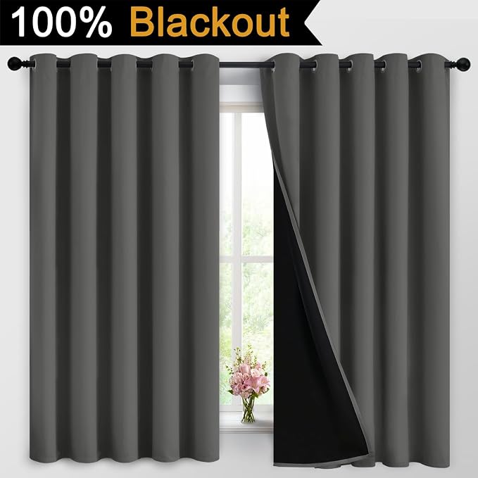 Dark Grey Full Shade Curtain Panels, Heavy Duty Lined Curtains 63 Inches Long - Image 2