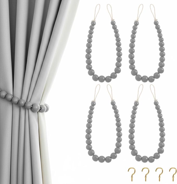 Hion 4 Pcs Boho Curtain Tiebacks, Wood Beads Curtain Holdbacks, Outdoor by Hion