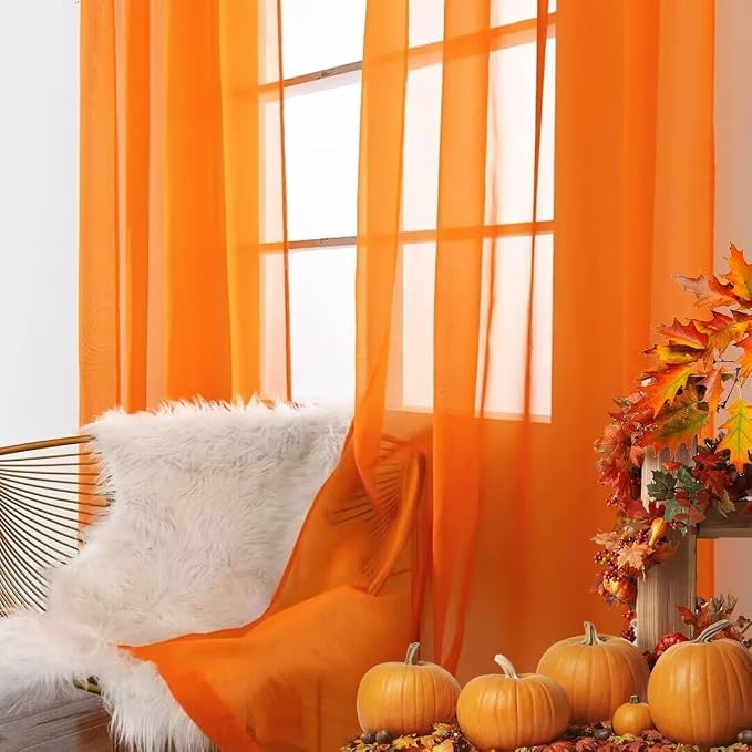 SpaceDresser Basic Rod Pocket Sheer Voile Window Curtain Panels Orange 2 Panels - Image 4