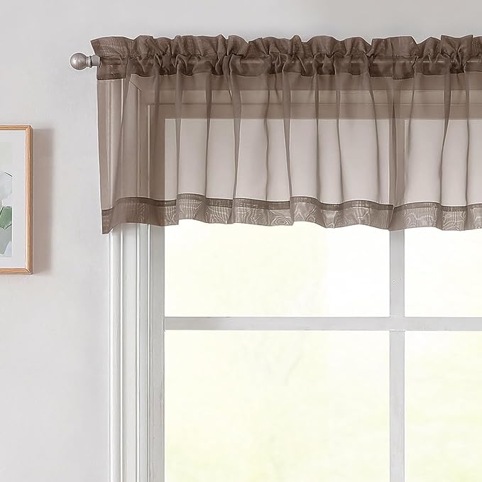 Chocolate Valances for Windows, Sheer Curtains 14 Inch Length 2 Pack Kitchen by WelvetBLK