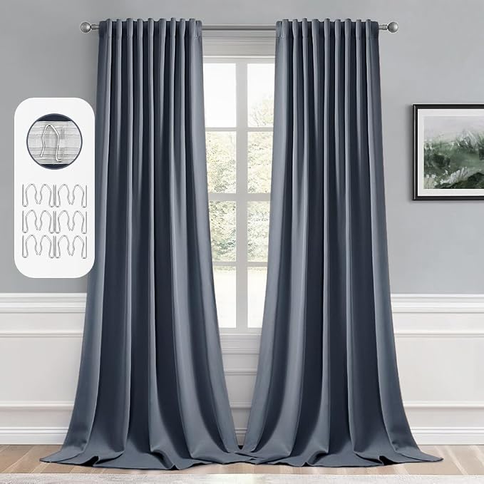 MIULEE Stone Blue Back Tab Blackout Curtains 108 Inch Long 2 Panels Set by MIULEE
