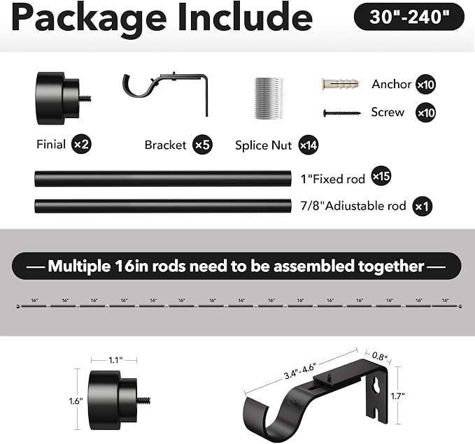 Extra Long Curtain Rods for Windows 32 to 240 Inch, 1 Inch Black Heavy Duty - Image 3