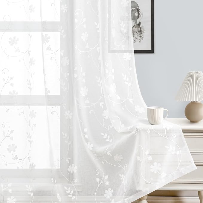 HOMEIDEAS White Sheer Curtains 84 Inches Long 2 Panels White Embroidered Floral - Image 5