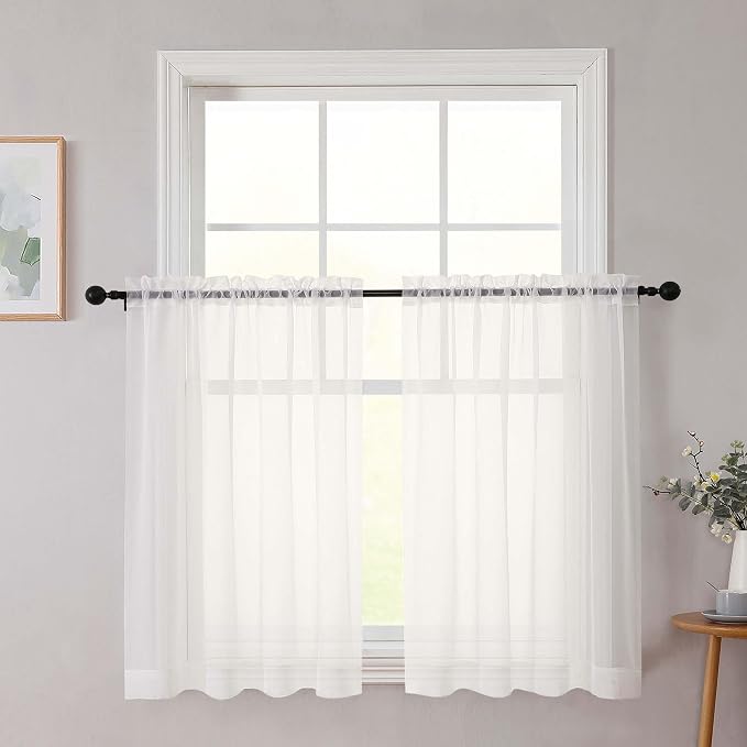 Cafe Curtains 36 Inch Length Tier 2 Pieces, Modern Soft Airy Sheer Kitchen by WelvetBLK