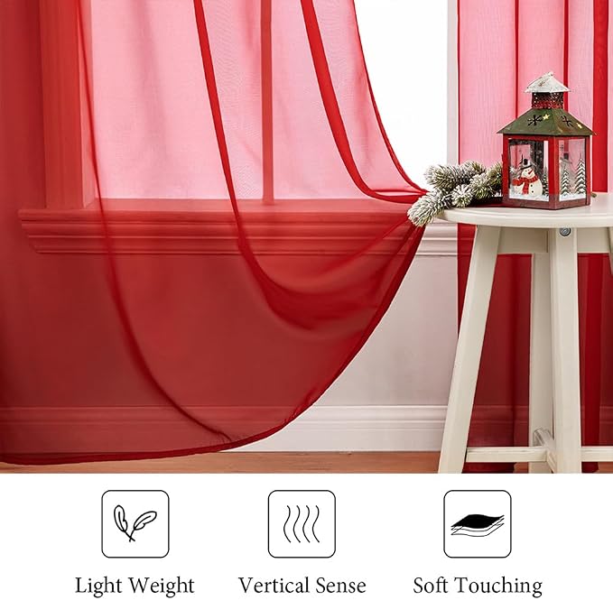 MIULEE 2 Panels Red Solid Color Sheer Christmas Window Curtains Elegant Window - Image 6