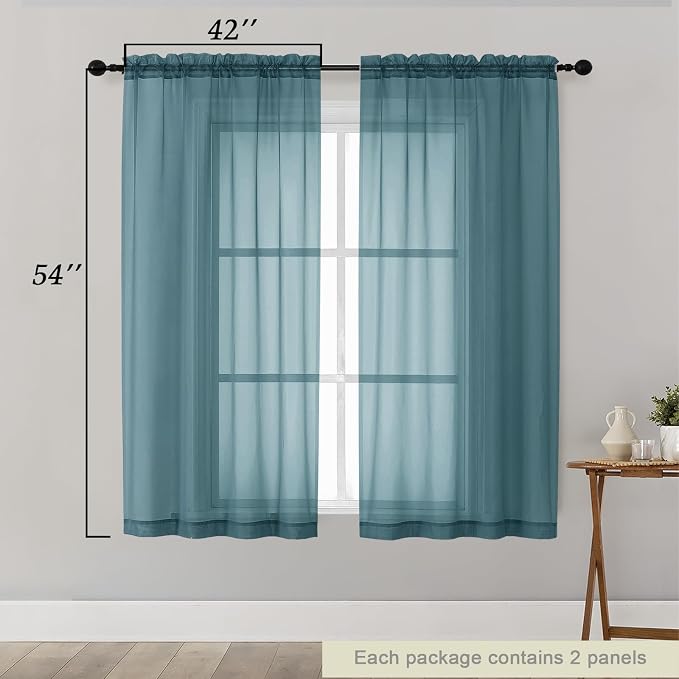 Sheer Dusty Blue Curtains for Bedroom Living Room 54 Inch Length 2 Panels Set - Image 2