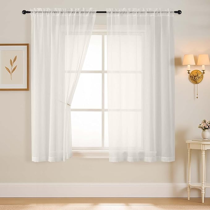 Ivory Sheer Curtains 63 Inch Length 2 Panels, Voile Sheer Curtain by Home