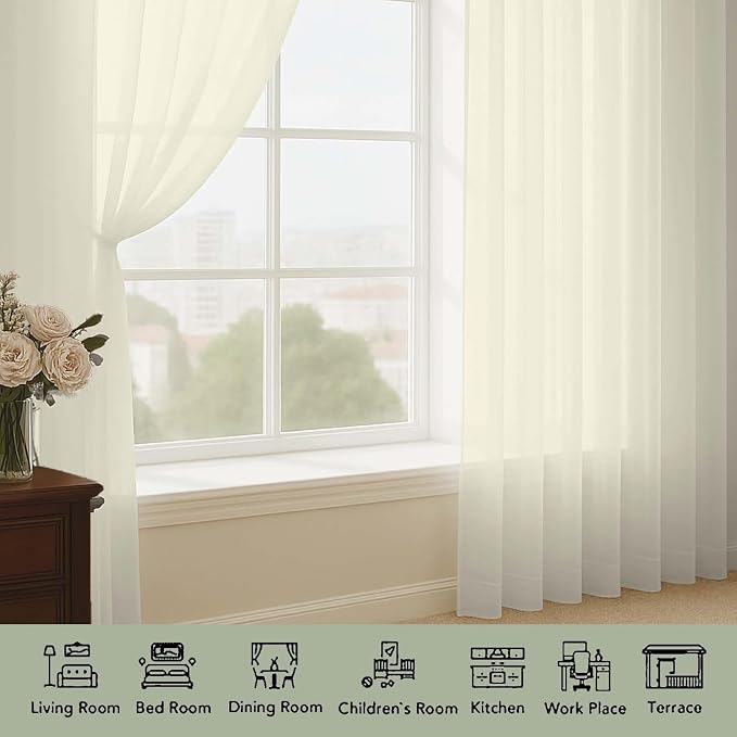 OWENIE Sheer Curtains 84 Inches Long 2 Panels Set, Sheer Cream Curtains - Image 3