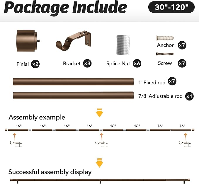 GEEBOBO Bronze Curtain Rods for Windows 66 to 120 Inch, 1 Inch Long Adjustable - Image 6