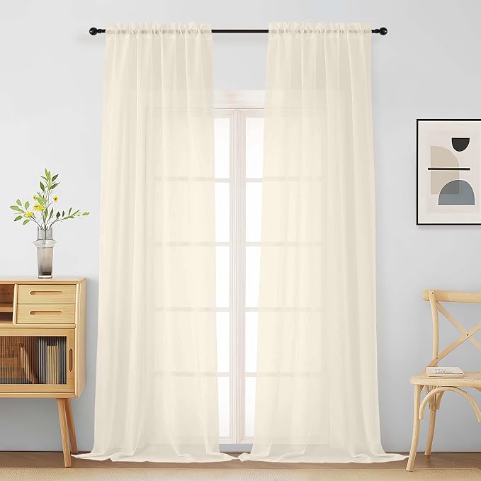 Cream Sheer Curtains for Window 96 Inches Long 2 Panels Set, Soft Airy Light by Home