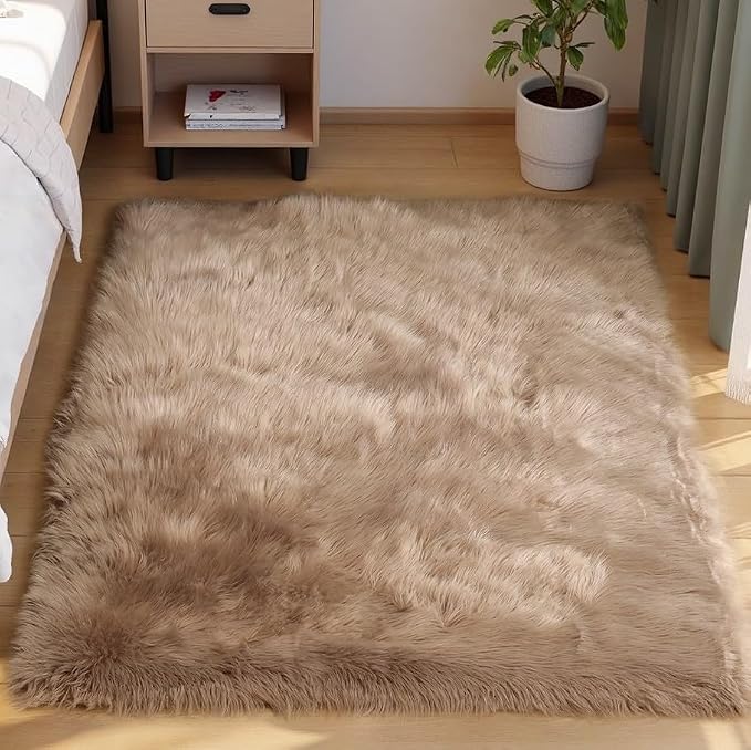 Goolela Fluffy Faux Fur Rug for Bedroom 4x6 Light Brown Beige Sheepskin Fuzzy by Goolela
