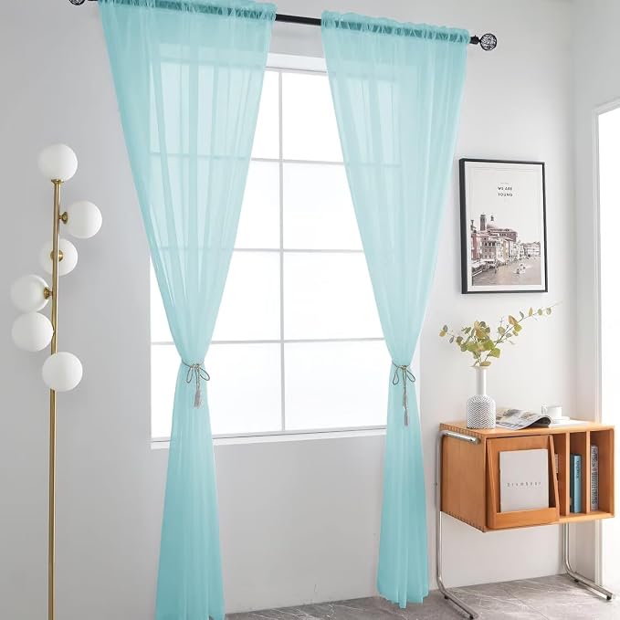SpaceDresser Basic Rod Pocket Sheer Voile Window Curtain Panels Sky Blue 1 Pair - Image 2