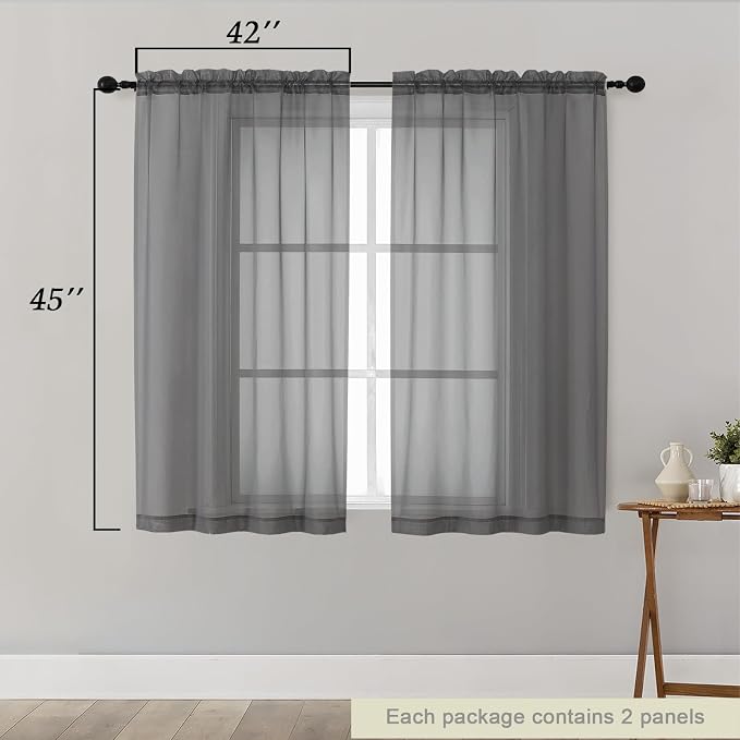 Grey Sheer Curtains for Bedroom Living Room 45 Inch Length 2 Panels, Soft Light - Image 2