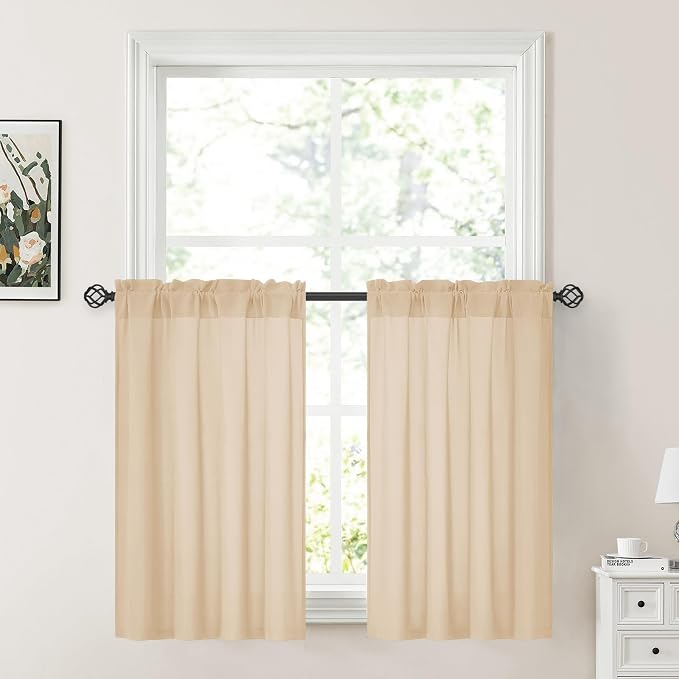HOMEIDEAS Non-See-Through Beige Privacy Sheer Kitchen Curtains, 30 X 36 Inches - Image 2