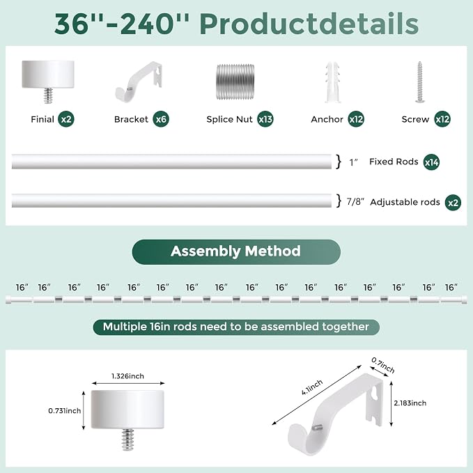 White Curtain Rods for Windows 36 to 240 Inch, Size:36-240 Inch - Image 8