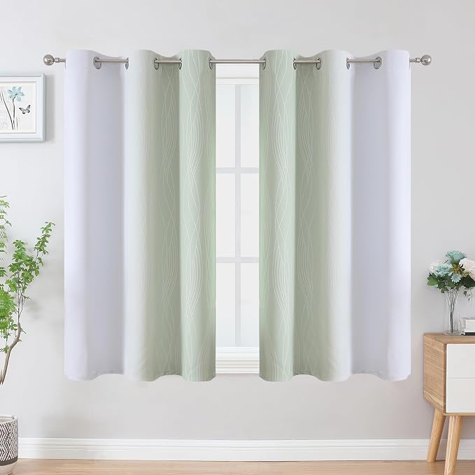 Estelar Textiler Sage Green and Greyish White Ombre Blackout Curtains 45 Inch - Image 2