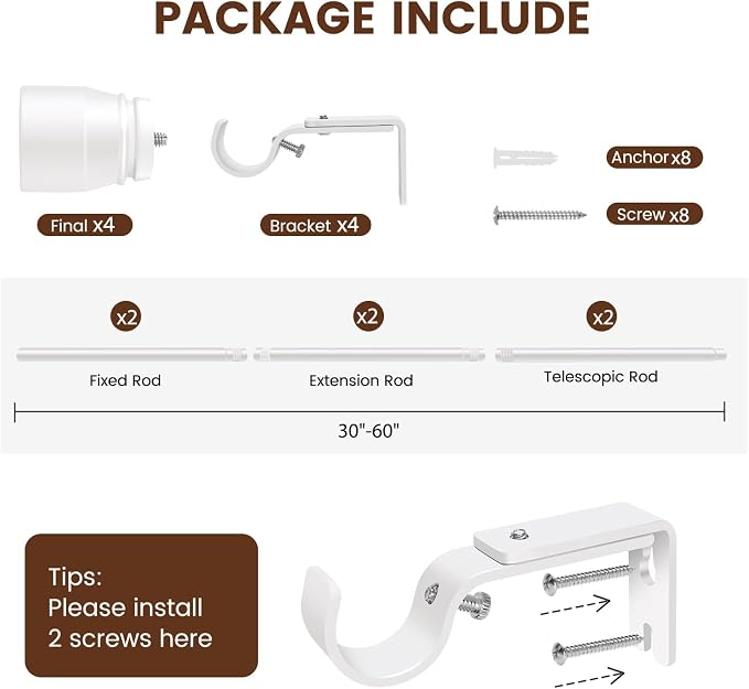 1” Diameter Curtain Rods Itself is 30 to 60 inch 2 Pack Fit 30-54 inch Window - Image 3