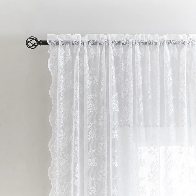 YJ YANJUN Vintage Lace Curtains White Sheer Curtains 96 inches Long 2 Panels - Image 2