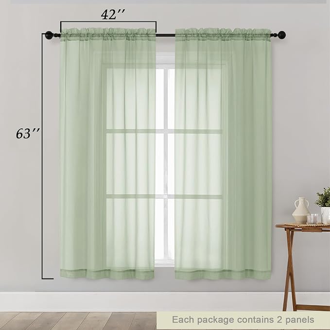 Light Green Sheer Curtains 63 Inch Length 2 Panels Set - Image 2