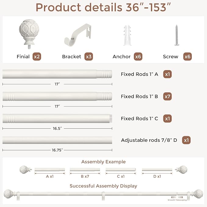 Antique White Curtain Rods for Windows 72 to 144 Inch, Adjustable Vintage - Image 5