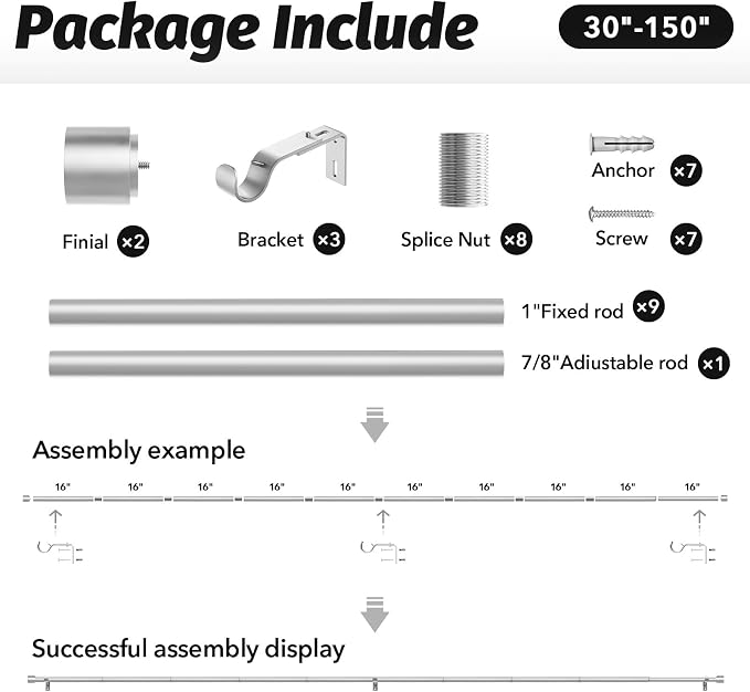 GEEBOBO Silver Curtain Rods for Windows 72 to 144 Inch, 1 Inch Adjustable Heavy - Image 6
