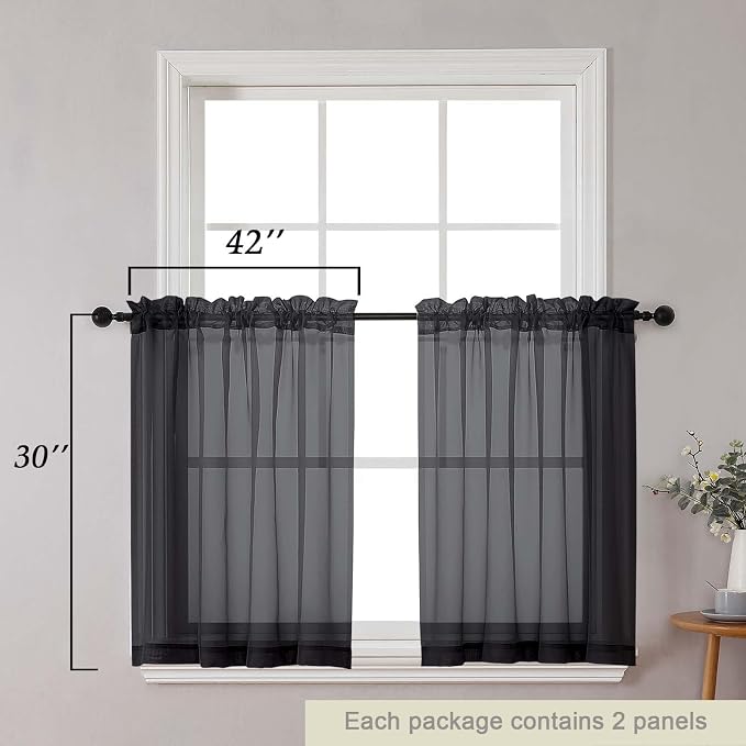 Black Kitchen Curtains 30 Inch Length Tier 2 PCS, Solid Soft Airy Half Curtains - Image 2