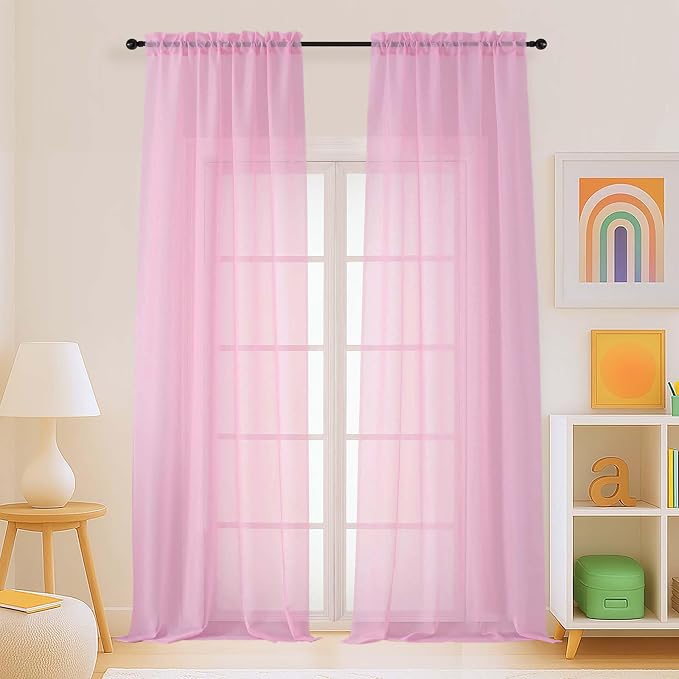 Light Pink Sheer Curtains for Window 96 Inches Long 2 Panels, Soft Airy Light by Home
